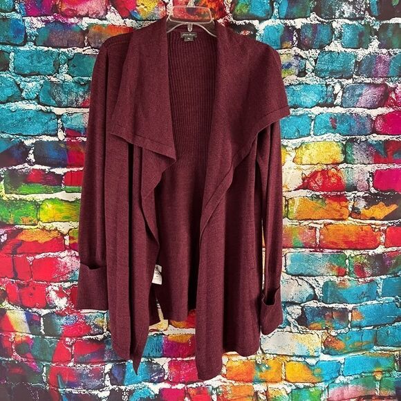 Eddie Bauer | burgundy ribbed cuff open front cardigan sweater Size Medium - Picture 1 of 6
